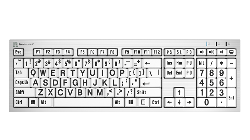 Large Print - Black on White<br>Silver Slimline Keyboard – Windows<br>US American  English