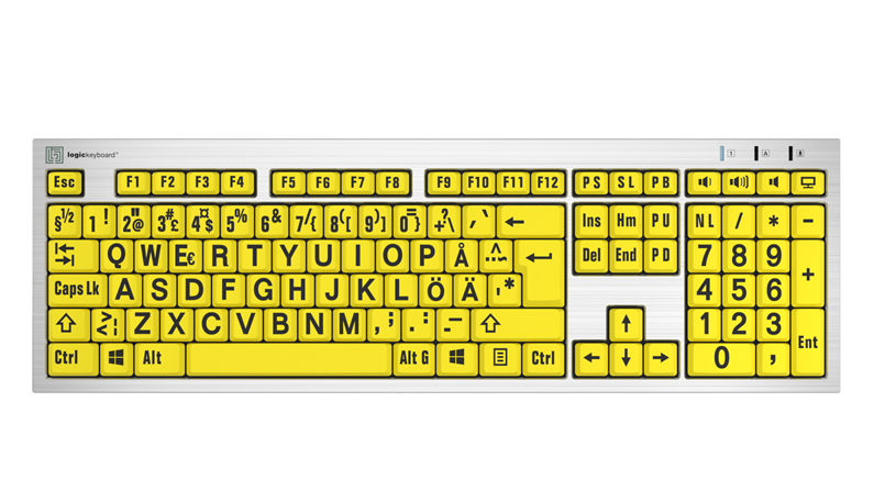 Large Print - Black on Yellow<br>Silver Slimline Keyboard – Windows<br>SE Swedish